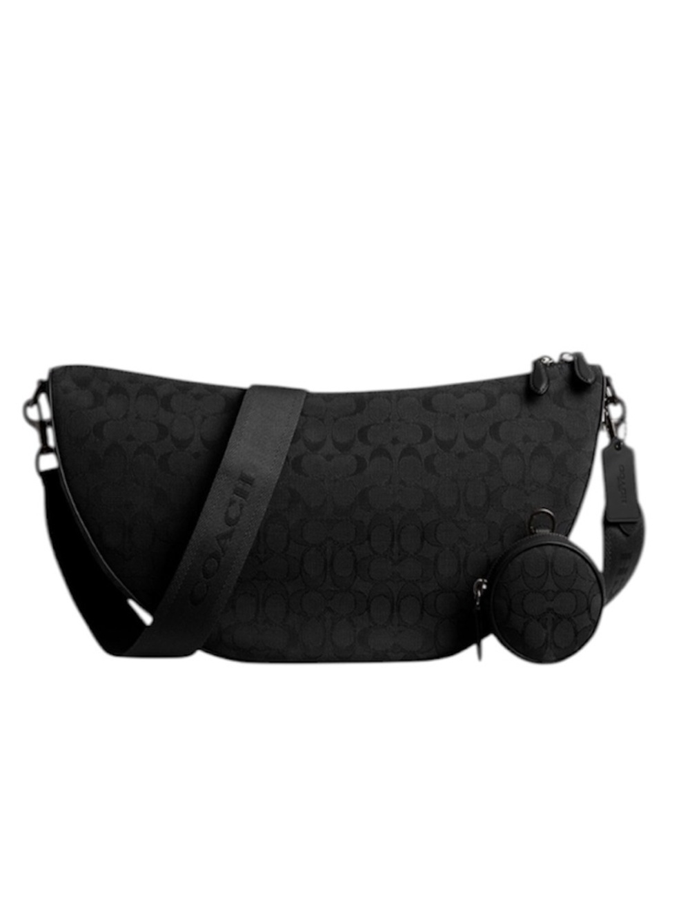 Coach Black Shoulder Bag Soft Sling Bag Signature Jacquard, Black w/coin pouch